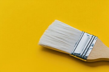 Poster - A brushstroke against a bold yellow hue. A paintbrush in a mock-up with white paint on a yellow backdrop