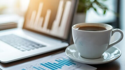 Poster - coffee cup on desk with laptop displaying financial charts.