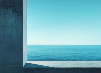 Poster - Tranquil Seascape Framed by Minimalist Architectural Elements Under a Clear Blue Sky with Calm Ocean Waves and Reflective Surfaces for Serene Aesthetic Appeal