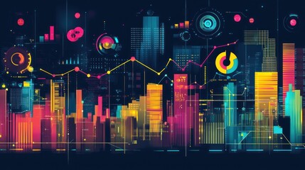 Fototapete - Colorful cityscape with vibrant data visualizations and graphs overlaid, representing technological advancements and urban development.