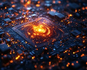 Fototapete - Cosmic energy explosion illustrating a technological control center digital realm abstract art brilliant and dynamic environment aerial view concept of futuristic technology