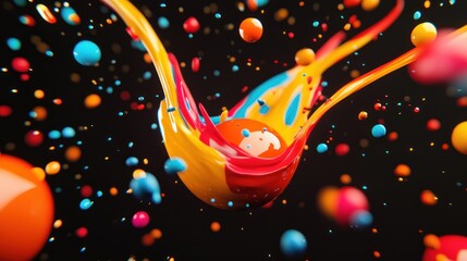 Aufkleber - Colorful paint splashes and droplets in dynamic motion against a black background.