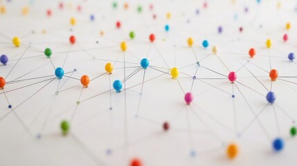 Aufkleber - Colorful pins connected by thin threads forming a complex network on white background.