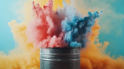 Aufkleber - Colorful powder explosion from a metal bucket against a vibrant background.