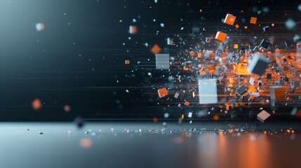 Poster - Dynamic explosion of cubes creating a visual spectacle digital space abstract art innovative technology environment close-up viewpoint
