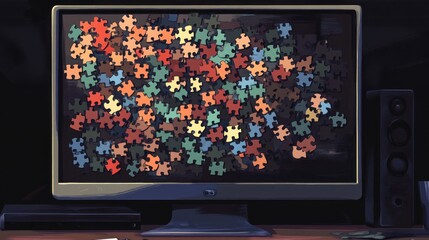 Fototapete - Computer screen displaying a multitude of colorful jigsaw puzzle pieces.