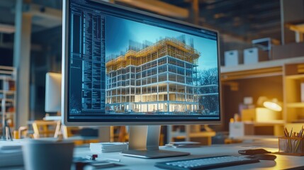 Poster - Computer screen displays 3D model of building under construction in architect's office.