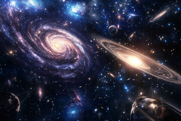Wall Mural -  galaxy with a spiral in the middle and a large round one on the right. The galaxy is full of stars and planets