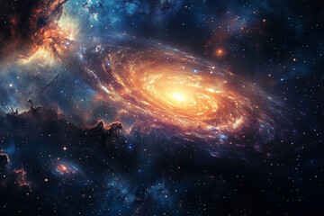 Wall Mural - spiral galaxy with a bright yellow center. The galaxy is filled with stars and is surrounded by a dark blue sky. The stars are scattered throughout the galaxy, with some closer to the center