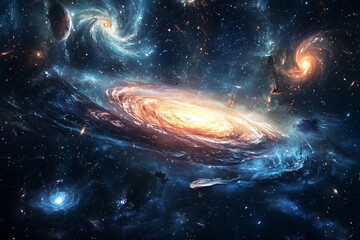Wall Mural - galaxy with a large spiral in the middle. The spiral is surrounded by smaller spirals and stars. The galaxy is filled with light and color, giving it a sense of wonder and awe