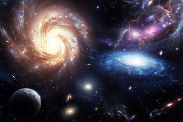 Wall Mural - galaxy with a spiral in the middle and a large blue and white star in the background. The galaxy is full of stars and planets