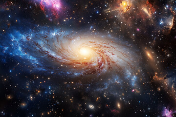 Wall Mural - colorful galaxy with a spiral shape. The galaxy is filled with stars and has a bright yellow star in the center. The colors of the galaxy are vibrant