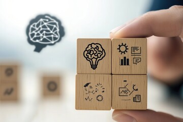 Aufkleber - Hand holding brain & idea blocks, business concept