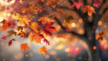 Wall Mural - captivating fall foliage with vibrant red and orange leaves illuminated by warm sunlight in a serene