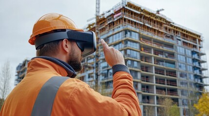 Poster - construction worker using vr headset to inspect building.