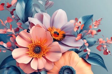 Poster - 3d illustrated flowers, Vibrant 3D Illustrated Flowers, A Fusion of Art and Nature illustration