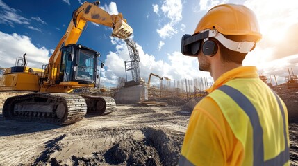 Poster - Construction worker using VR headset to oversee excavator operation at a construction site.