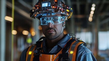 Leinwandbilder - Construction worker wearing augmented reality smart helmet and glasses on a construction site.