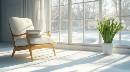 Leinwandbilder - Cozy armchair near window with snowy winter view, books and tulips.