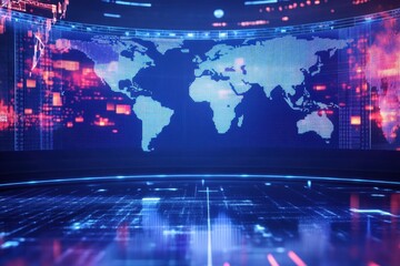 Poster - Futuristic world news studio background with digital breaking news graphics