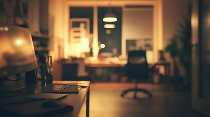 Poster - Cozy home office at night, desk with computer and laptop, warm lighting.