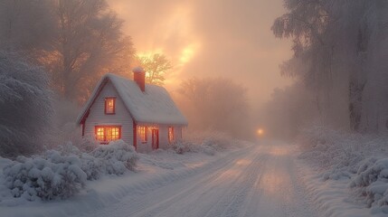 Poster - Cozy snow-covered cottage glows warmly on a misty winter road.