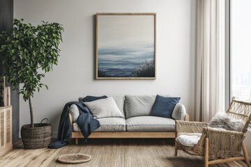 Poster - Beautiful canvas frame 3D mockup displayed in modern living room, bedroom, and kitchen. Interior concept