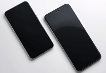 Poster - Sleek Modern Smartphones. Displaying Symmetry And Elegance. Tech Devices Angled Slightly On A Surface, Emphasizing Their Streamlined Look. Soft Lighting Creates Reflections. A Simple, Beautiful