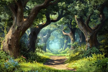 Poster - An enchanting forest landscape with large trees and thriving vegetation in digital art, realistic image concept
