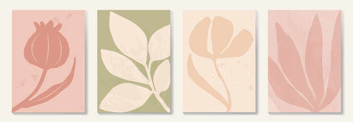 Wall Mural - set of abstract foliage poster vector. leaves, flower, organic shapes, earth tone colors, leaf branc