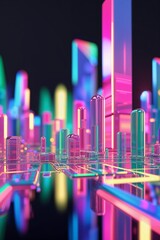 Poster - Vibrant futuristic city skyline with neon lights reflecting on shiny surfaces in a digital landscape