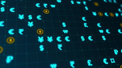 Poster - Blue and yellow glowing currency symbols matrix on a grid. Bokeh effect, horizontal composition. Finance motion graphic.