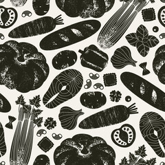Wall Mural - various food. textured silhouette seamless pattern. vegetables background. vector illustration