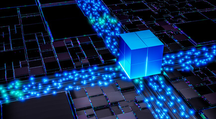 Poster - Quantum processor futuristic technology 3D illustration digital computing artificial intelligence cyber network glowing cube sci-fi chip innovation high-tech microchip, AI futuristic circuit