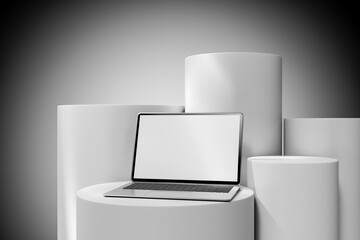 Poster - Mockup laptop modern design silver color minimal style blank screen digital art futuristic background technology innovation workspace business device. 3d rendering