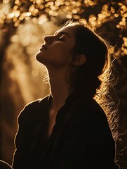 Aufkleber - A woman sits in a lotus pose at sunrise, eyes closed in meditation, surrounded by soft golden light that enhances a serene and mindful atmosphere, perfect for wellness themes.