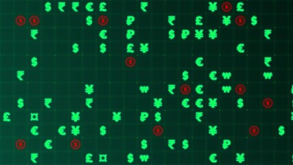 Poster - Green and orange glowing currency symbols matrix on a grid. Animated texture, horizontal composition. Finance motion graphic.