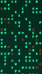 Poster - Green and orange glowing currency symbols matrix on a grid. Animated texture, vertical composition. Finance motion graphic.
