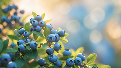 Poster - cluster of ripe blueberries glistening in the morning light on a sunny day in a lush garden