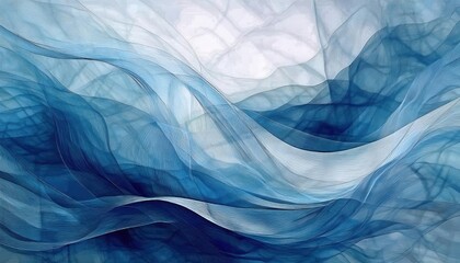Poster - ethereal blue waves of abstract fluid motion, delicate flowing textures resembling fabric for background and design