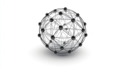 Poster - A 3D abstract network sphere on a white background, connected by intricate lines and nodes, representing a web of connections and technology
