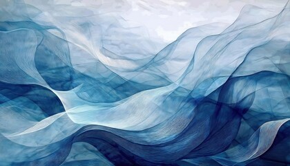 Poster - ethereal blue waves of abstract fluid motion, delicate flowing textures resembling fabric for background and design