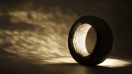Poster - A beautifully lit tire, casting soft shadows that create a dramatic and artistic atmosphere, emphasizing its form and unique texture