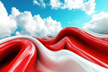 Poster - Intricate waves of red and white twist gracefully under a bright sky with fluffy clouds. Generative AI