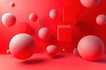 Poster - Spheres and cubes dance in a vibrant red world, creating a playful balance of shapes and colors. Generative AI