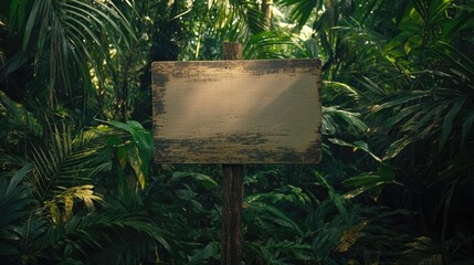 Poster - A blank wooden signboard in the heart of dense jungle foliage, offering an empty canvas for nature-inspired messages, perfectly blending with the surrounding forest environment.
