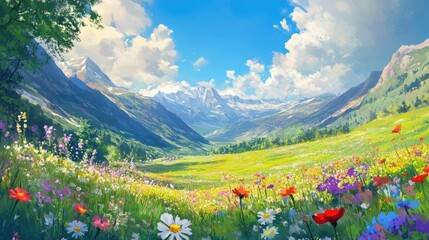 Poster - A breathtaking spring landscape filled with colorful wildflowers blooming in a lush green meadow, set against a vibrant blue sky, evoking feelings of renewal and nature's beauty