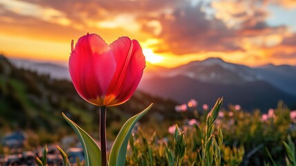 Poster - A bright pink tulip is bathed in the warm light of a dramatic sunset, set against a breathtaking mountain backdrop, capturing nature's fleeting beauty.