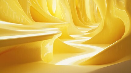 Poster - A bright yellow platform featuring detailed abstract shapes, lit by soft lighting that highlights its design and texture