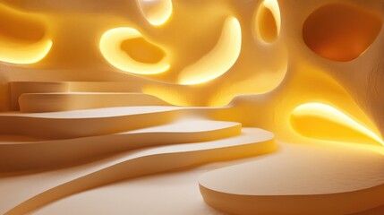 Poster - A bright yellow platform featuring detailed abstract shapes, lit by soft lighting that highlights its design and texture